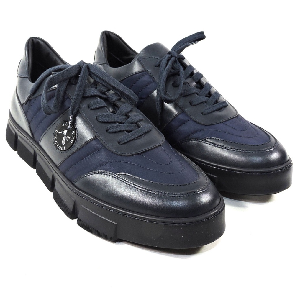 ALBERTO CICCIOLI 🇮🇹 MEN'S  BLUE FABRIC  & BLACK SOFT LEATHER COMFORT SNEAKERS - Picture 2 of 7